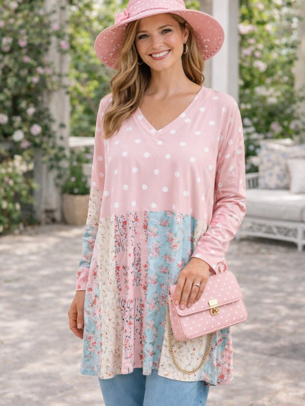 Lily By Fermina Pink Polka Dot and Floral Long Sleeve Top